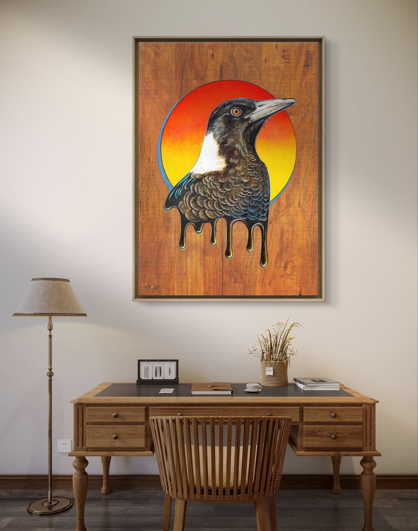 Canvas print of a detailed acrylic illustration on plywood of an Australian Native Magpie bird by Skotty Fairclough hanging in a home office