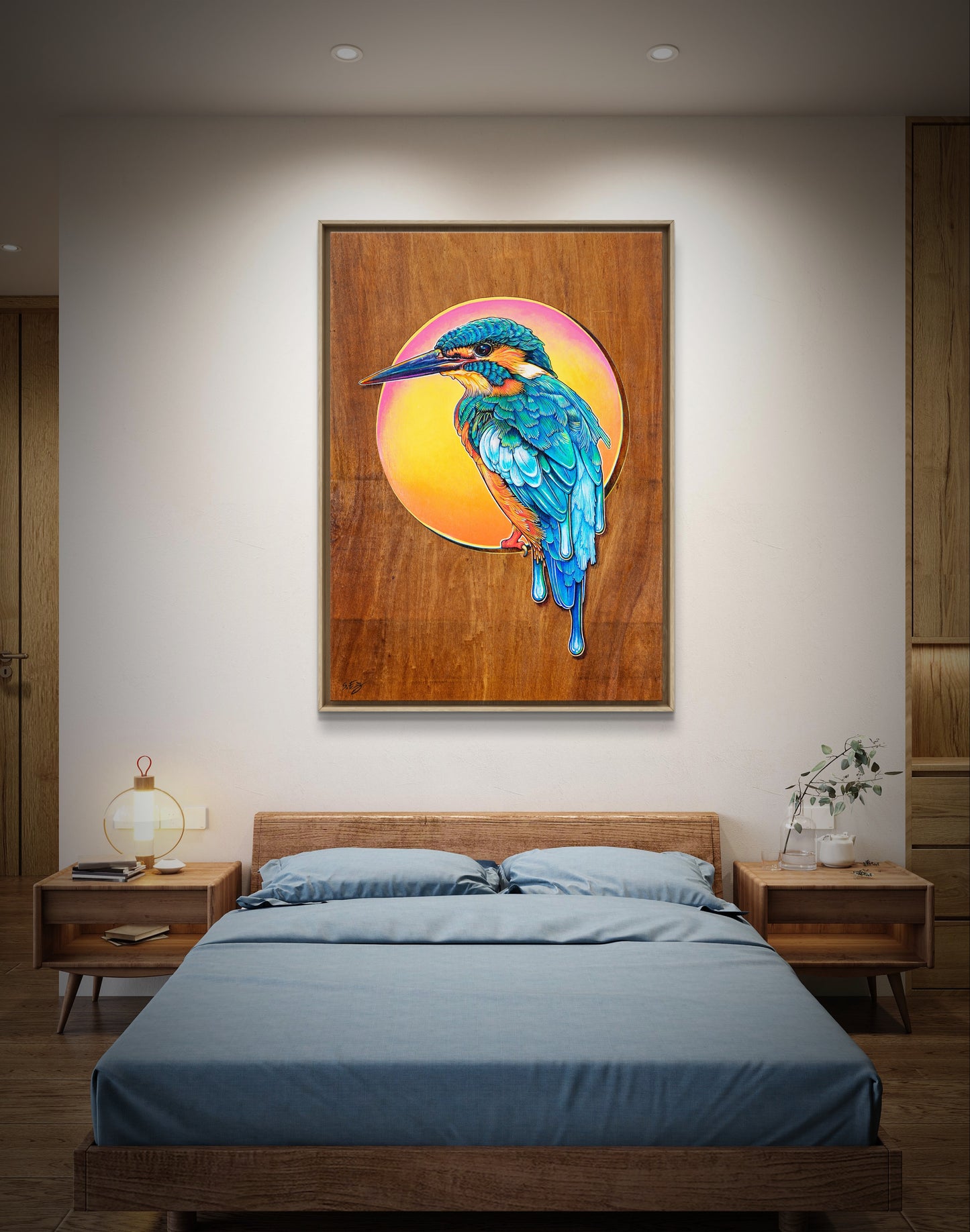 Canvas printed colourful acrylic illustration on plywood of a Kingfisher by Australian artist Skotty Fairclough hung in a bedroom setting