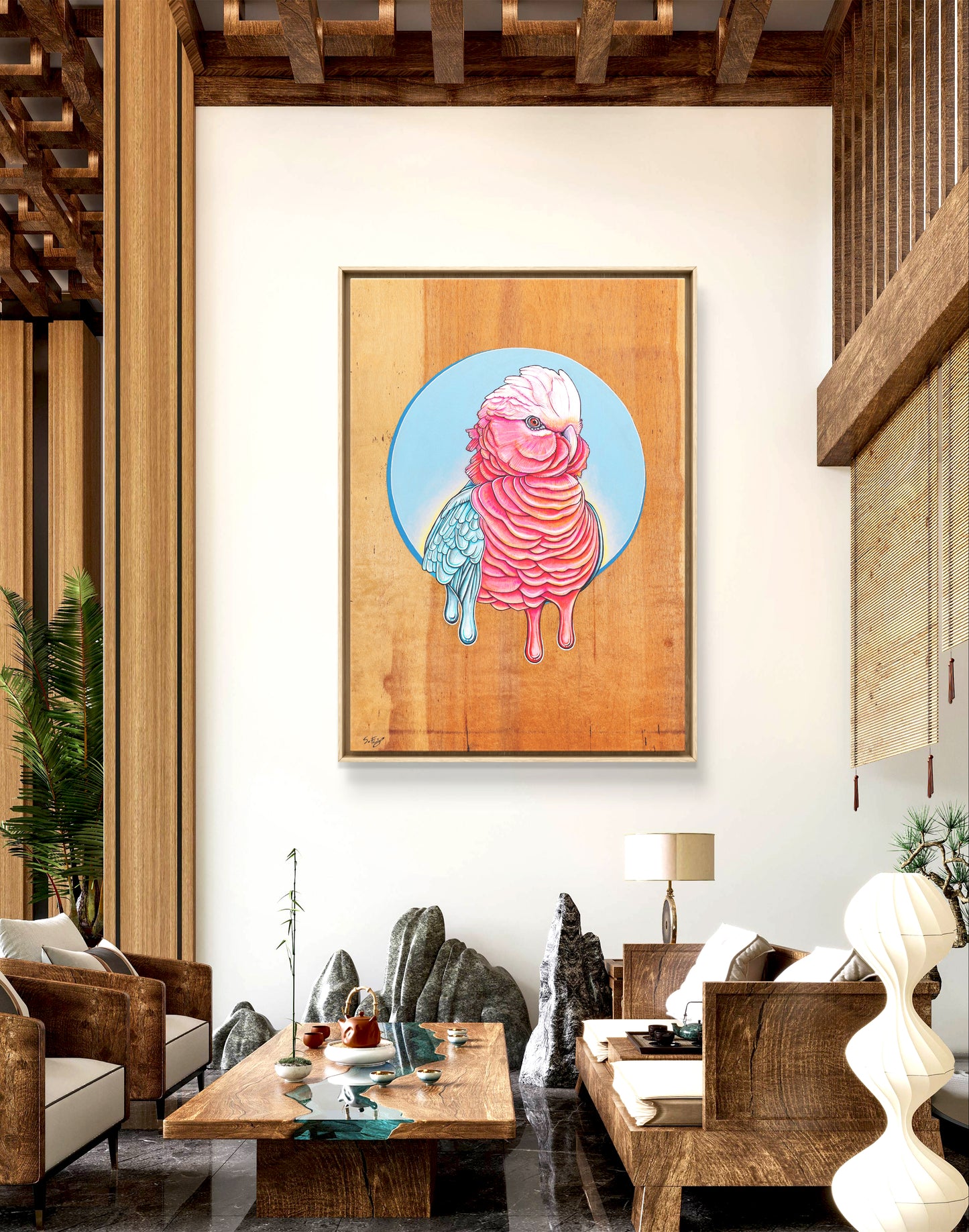 Canvas print of a vibrant acrylic illustration on plywood of a native Australian Galah bird by Skotty Fairclough hung in a home decor setting