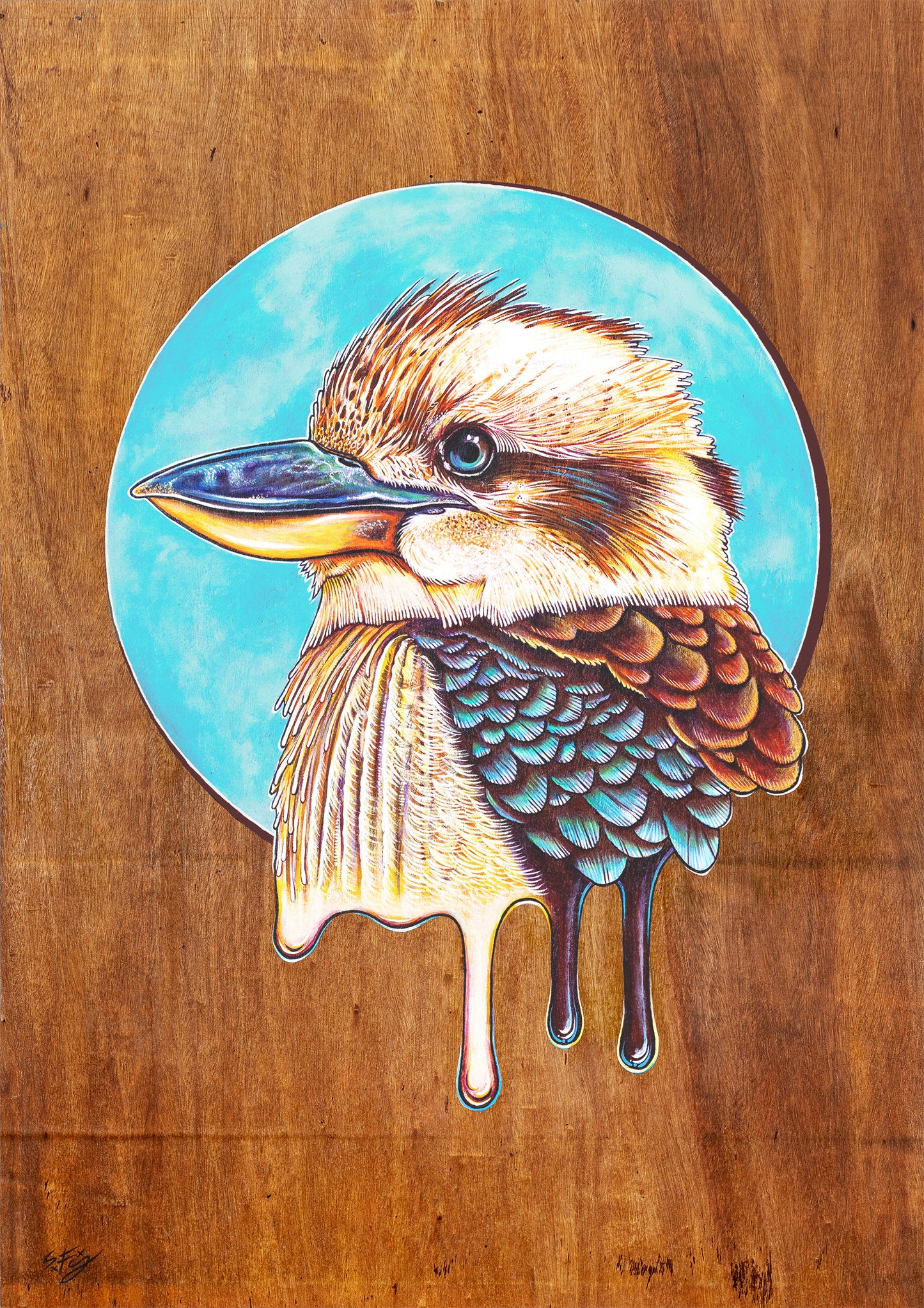 Colorful acrylic illustration on plywood of a native Australian Kookaburra bird by Skotty Fairclough.
