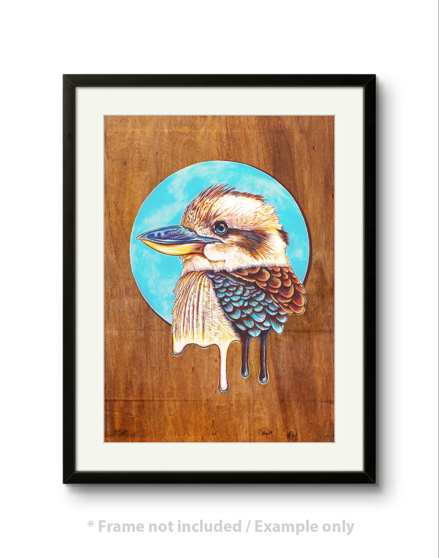 Framed Fine art print of a colorful acrylic illustration on plywood of a native Australian Kookaburra bird by Skotty Fairclough