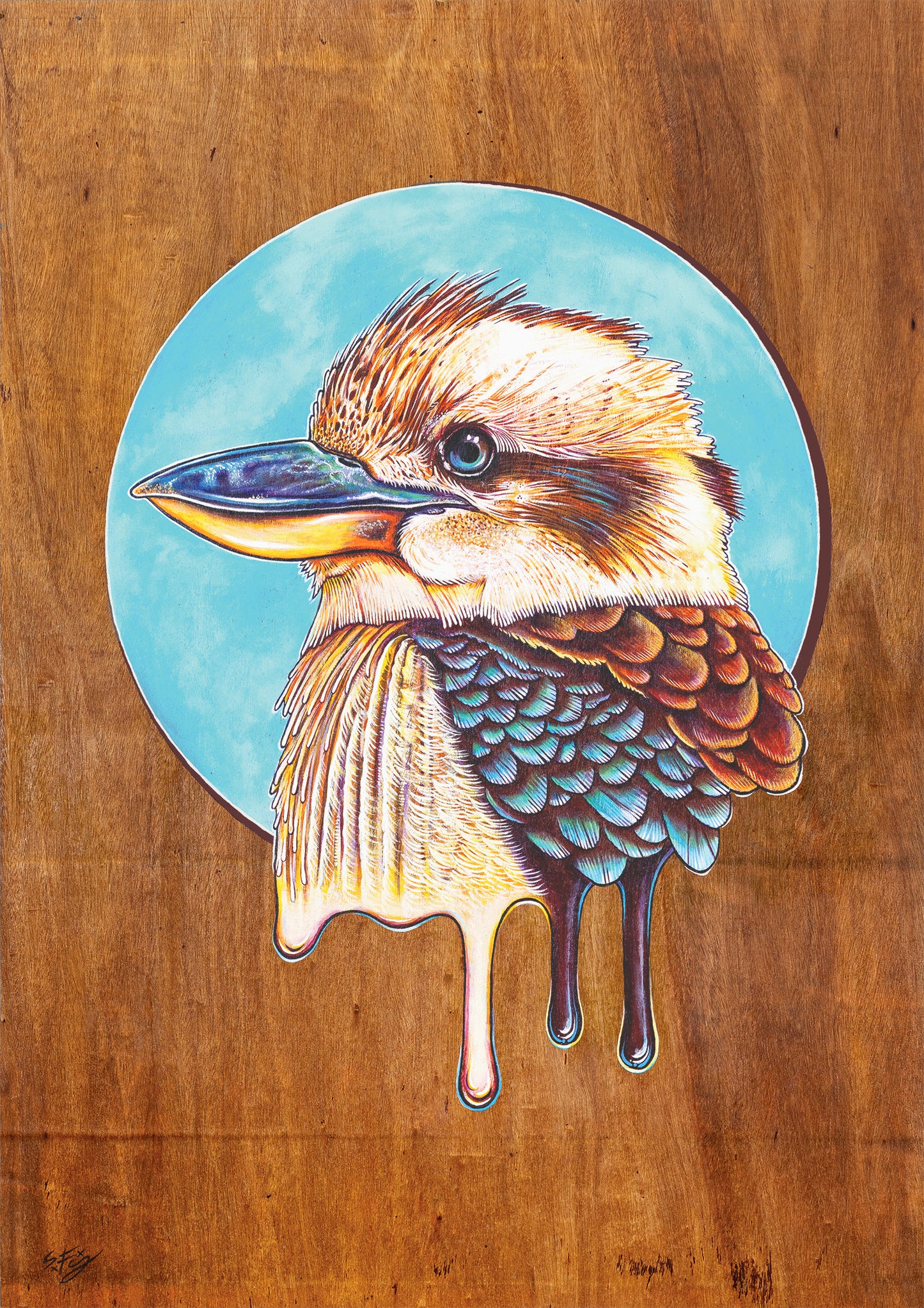 Fine art print of a colorful acrylic illustration on plywood of a native Australian Kookaburra bird by Skotty Fairclough