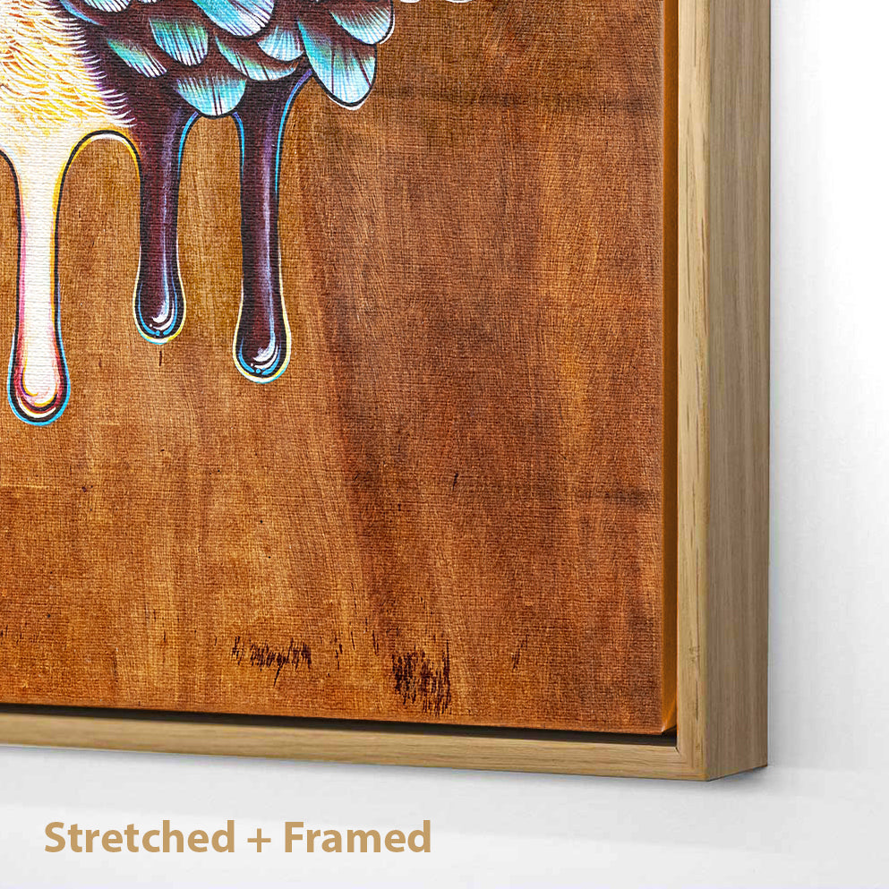 Stretched and Framed canvas print of a colorful acrylic illustration on plywood of a native Australian Kookaburra bird by Skotty Fairclough