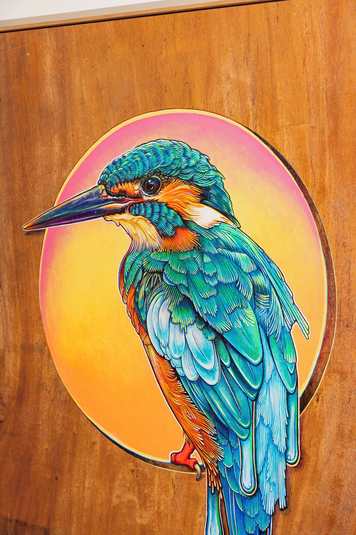 Close up of a colourful acrylic illustration on plywood of a Kingfisher by Australian artist Skotty Fairclough