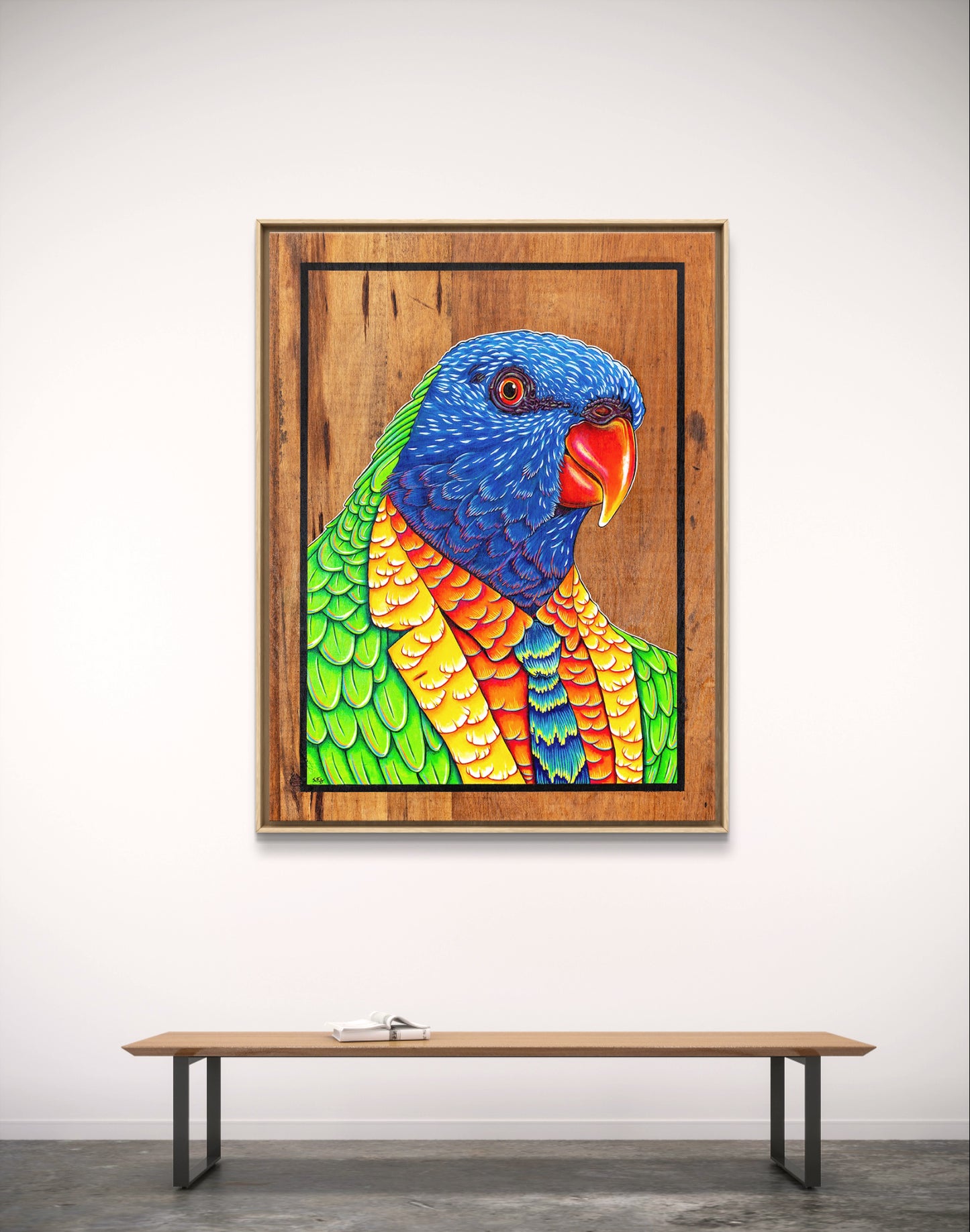 Cheerful acrylic illustration on plywood of a native Australian Rainbow Lorikeet by Skotty Fairclough, hanging in a gallery.