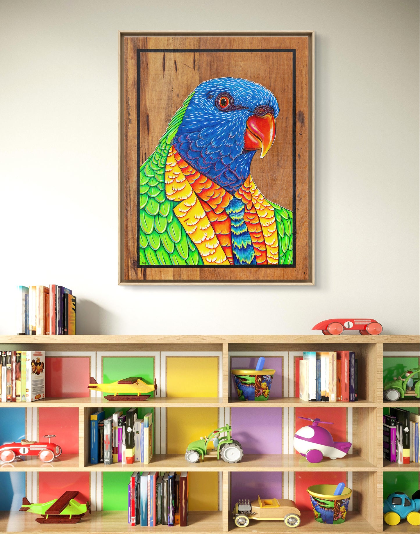 Canvas print of a cheerful acrylic illustration on plywood of a native Australian Rainbow Lorikeet by Skotty Fairclough hanging in a home
