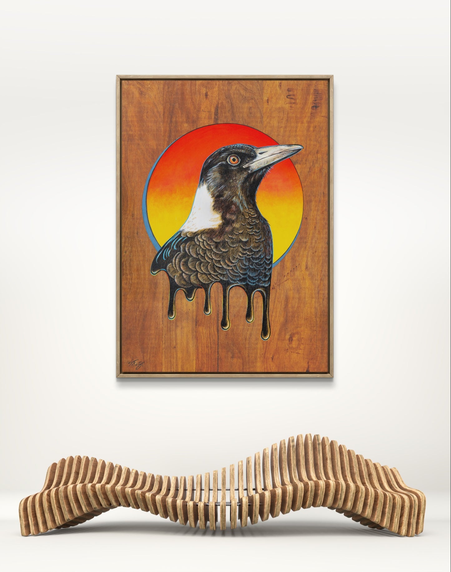 Detailed acrylic illustration on plywood of an Australian Native Magpie bird by Skotty Fairclough hanging in a gallery.