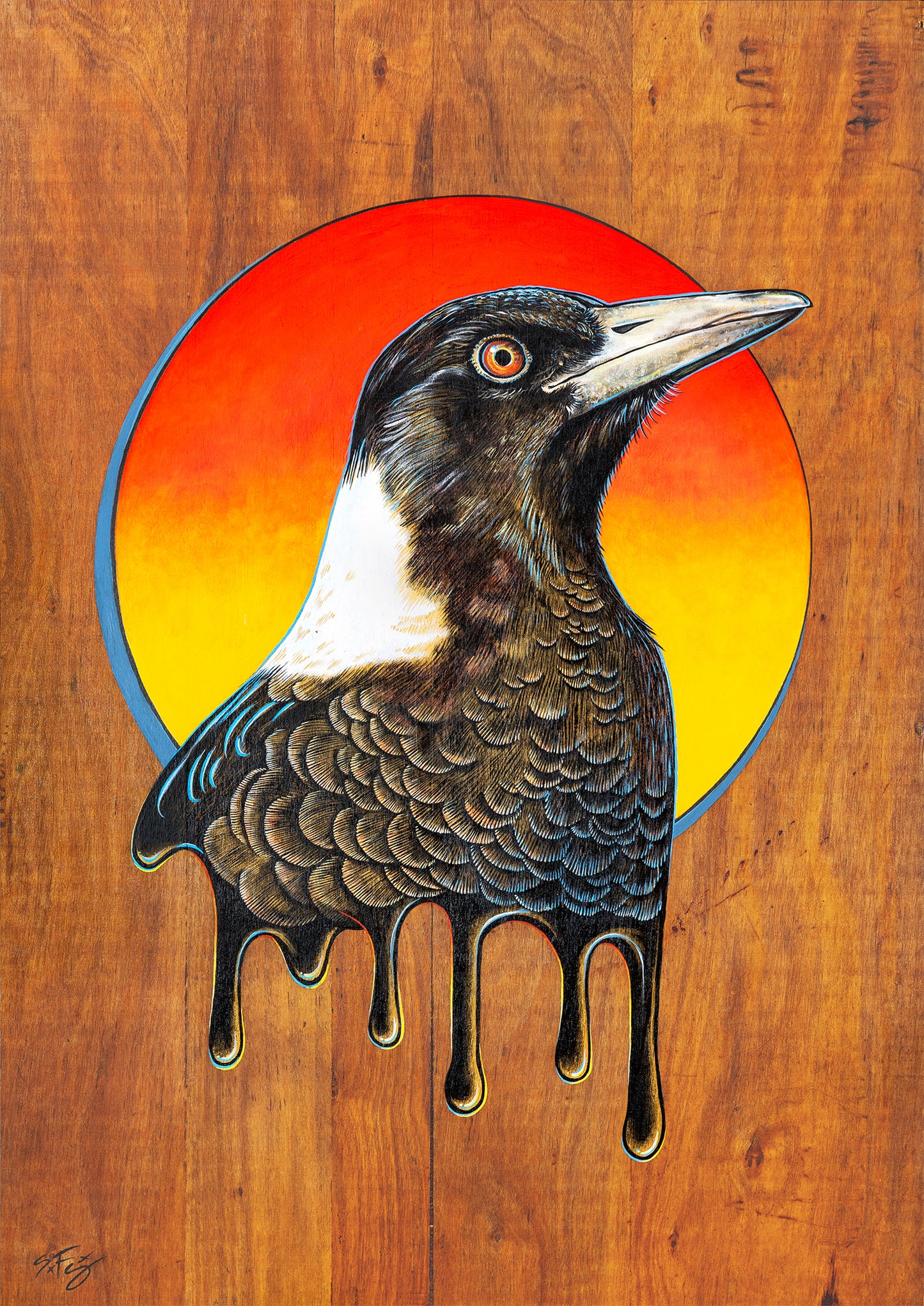 Fine art print of a detailed acrylic illustration on plywood of an Australian Native Magpie bird by Skotty Fairclough