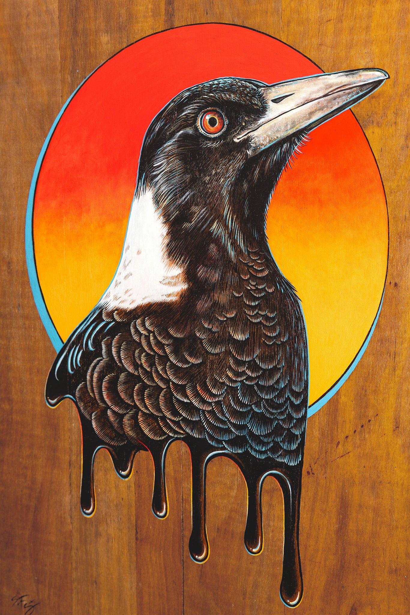 Fine art print close up of a detailed acrylic illustration on plywood of an Australian Native Magpie bird by Skotty Fairclough
