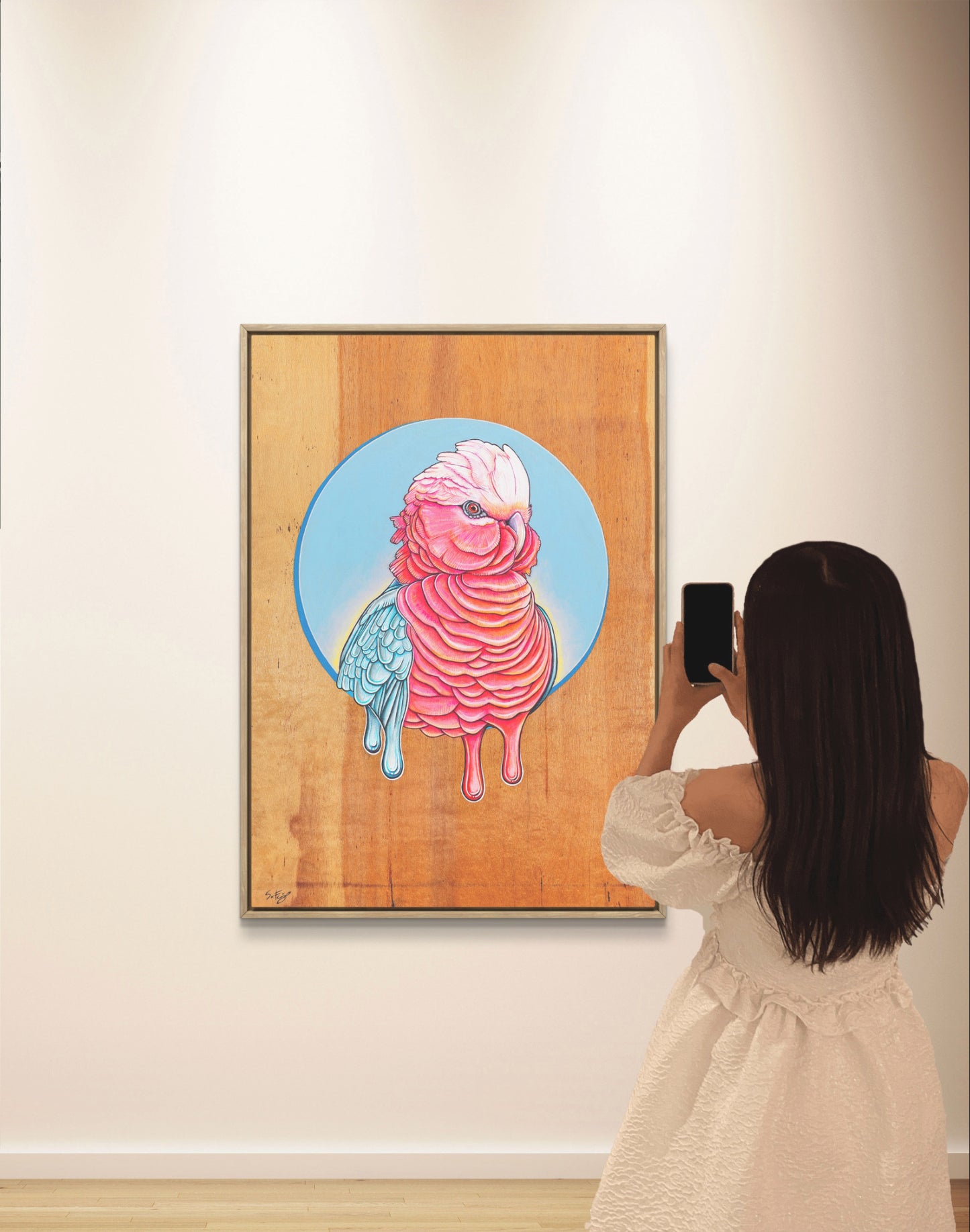 Vibrant acrylic illustration on plywood of a native Australian Galah bird by Skotty Fairclough, hanging in a gallery.