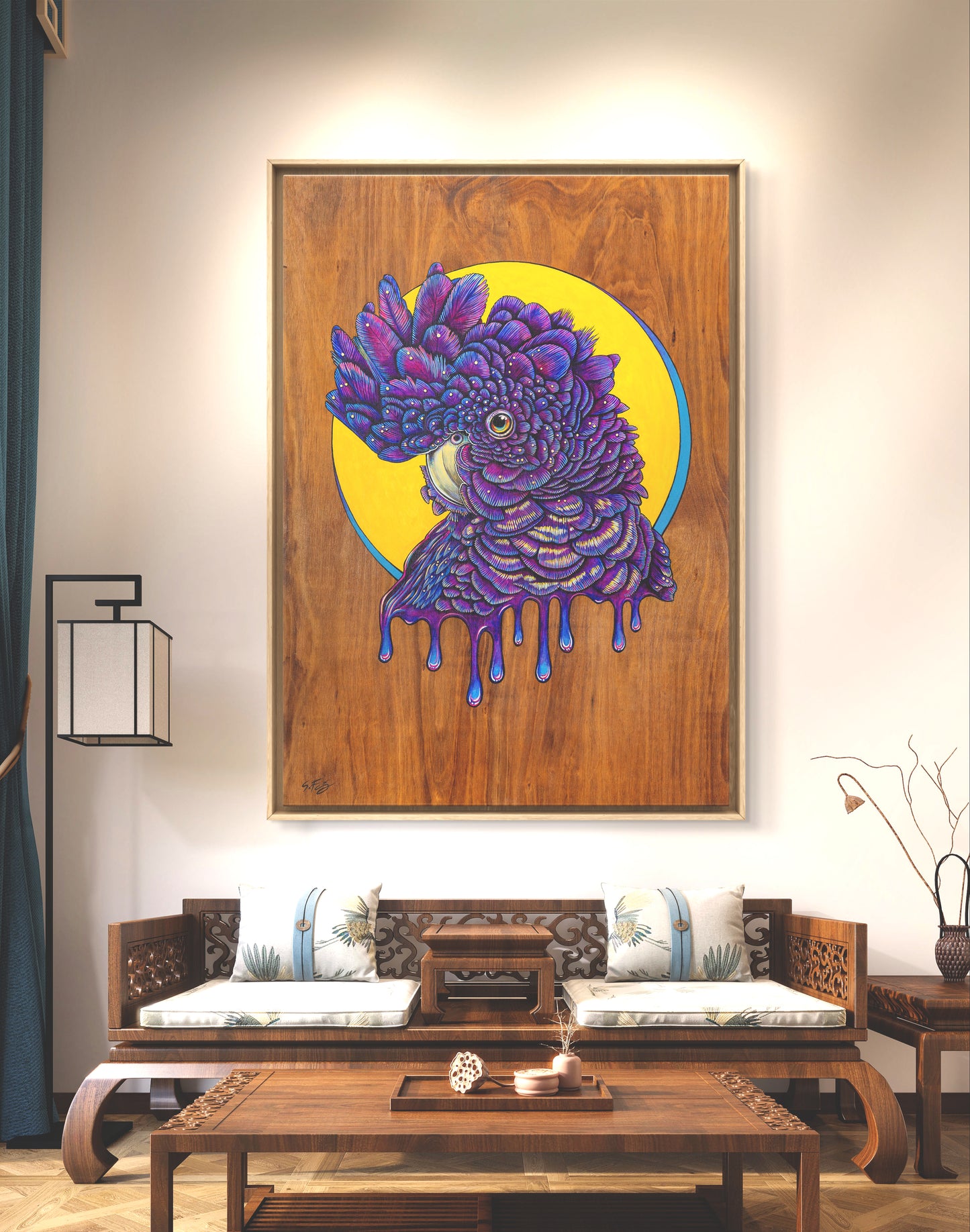 Vibrant acrylic illustration on plywood of a Native Australian Black Cockatoo bird, painted by artist Skotty Fairclough in home decor setting."