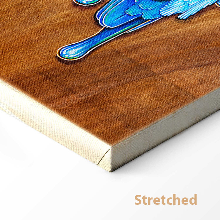 Stretched Canvas print of a colourful acrylic illustration on plywood of a Kingfisher by Australian artist Skotty Fairclough