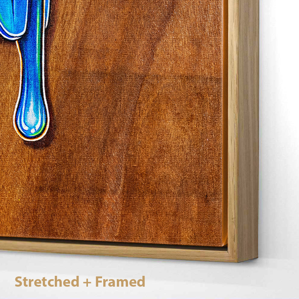 Stretched and Framed Canvas print of a colourful acrylic illustration on plywood of a Kingfisher by Australian artist Skotty Fairclough