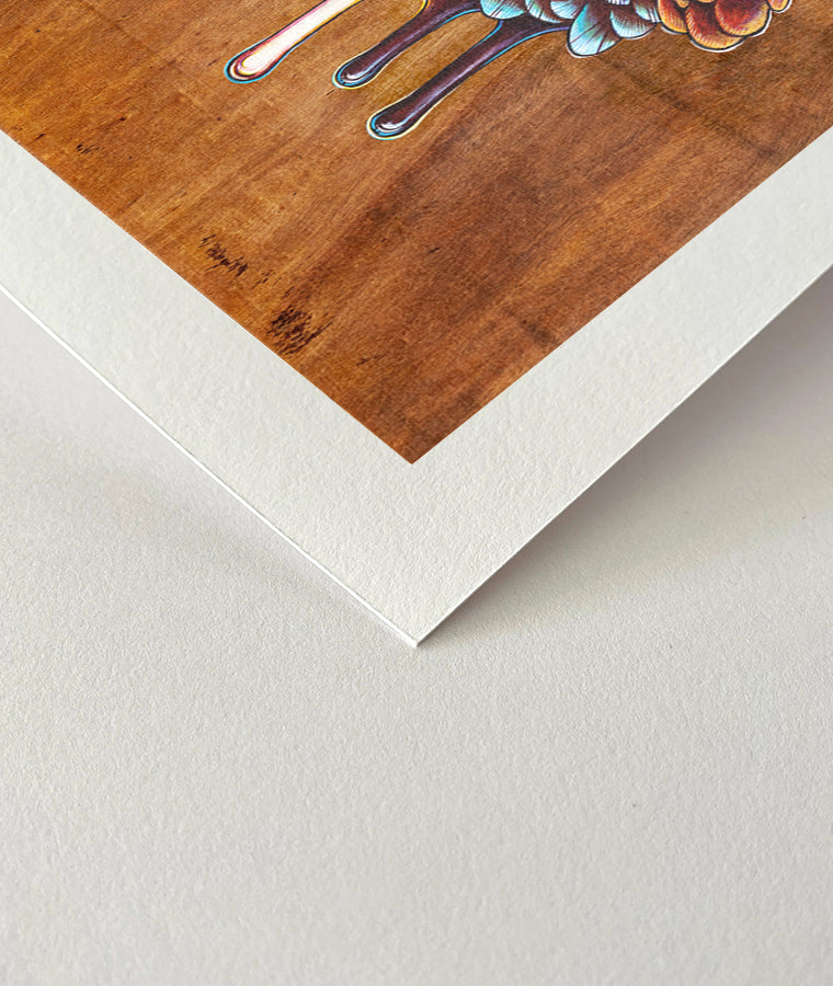 Close up of a Fine art print of a colorful acrylic illustration on plywood of a native Australian Kookaburra bird by Skotty Fairclough
