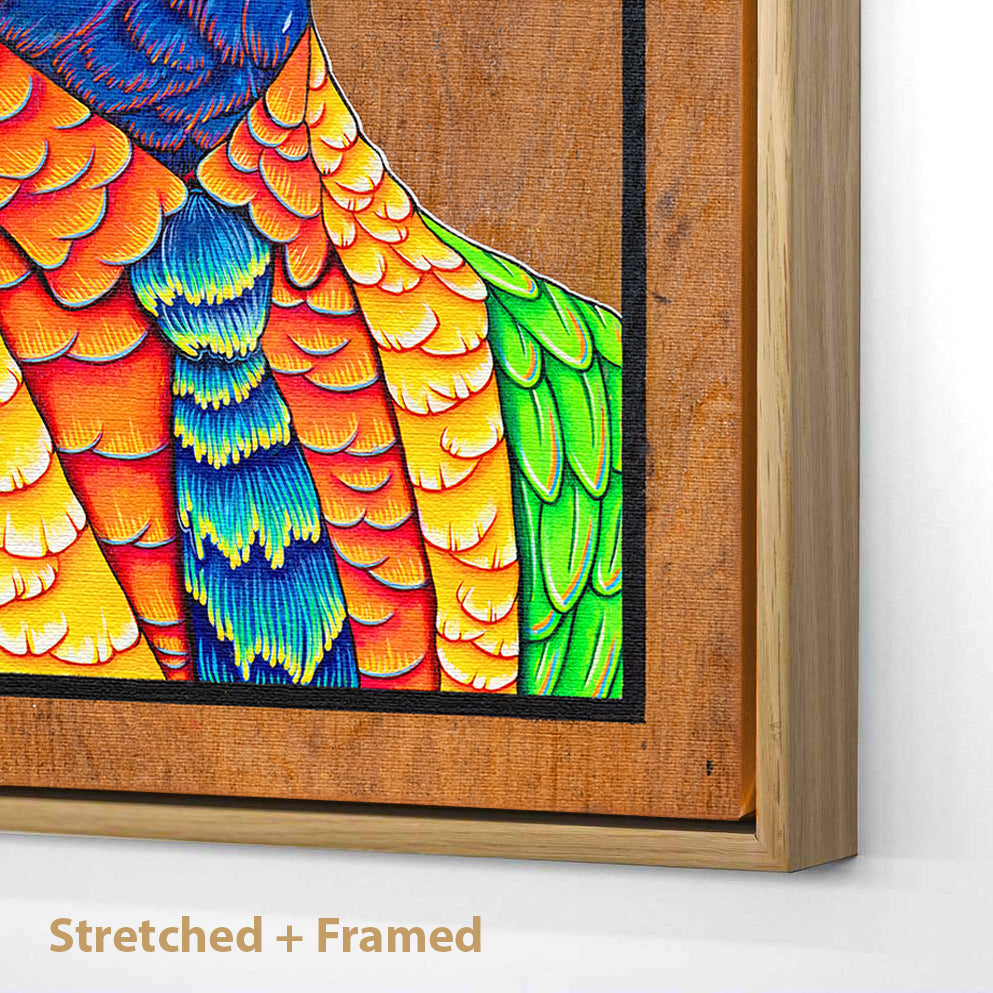 Stretched and Framed Canvas print of a cheerful acrylic illustration on plywood of a native Australian Rainbow Lorikeet by Skotty Fairclough