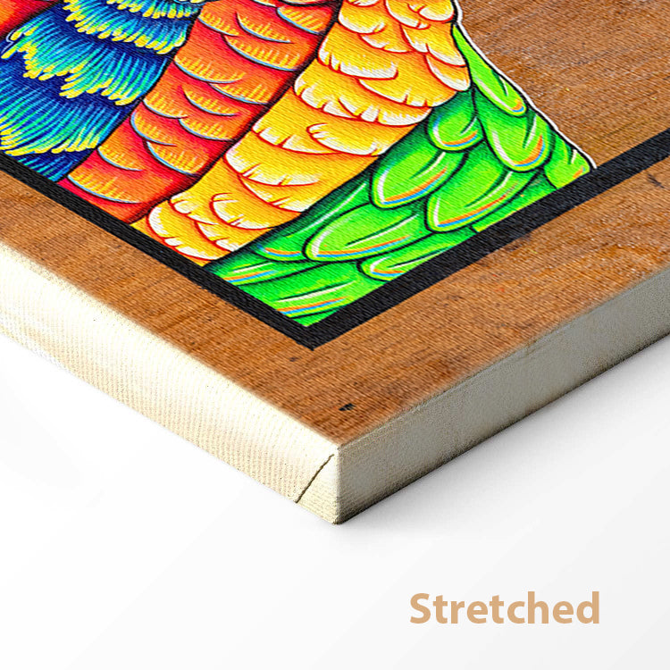 Stretched Canvas print of a cheerful acrylic illustration on plywood of a native Australian Rainbow Lorikeet by Skotty Fairclough