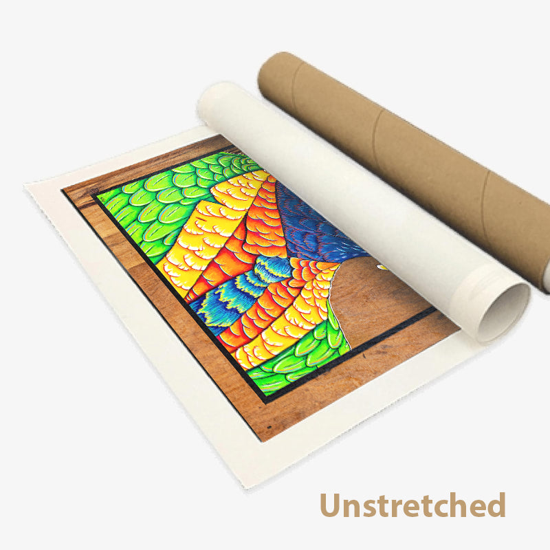 Rolled Canvas print of a cheerful acrylic illustration on plywood of a native Australian Rainbow Lorikeet by Skotty Fairclough