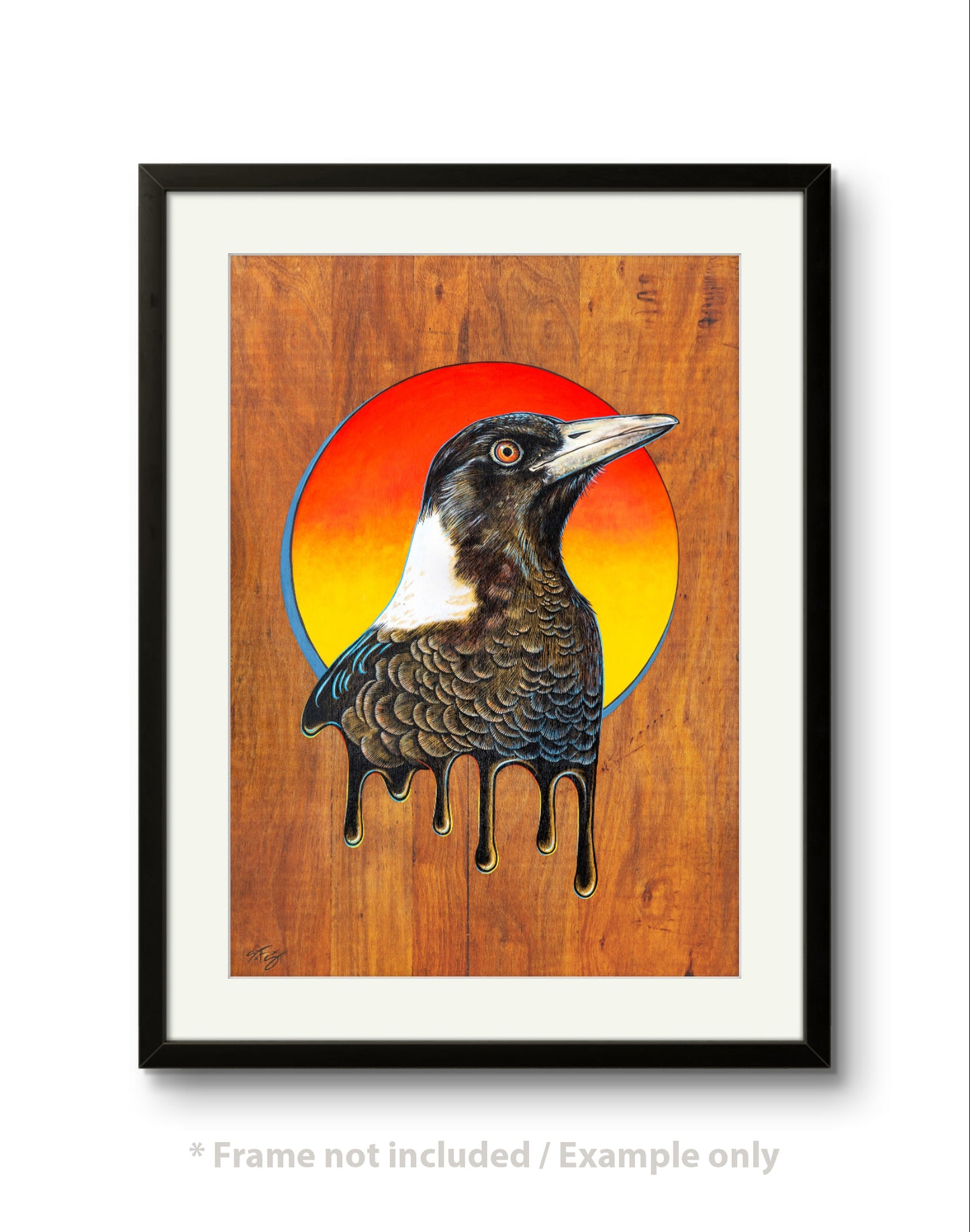 Framed fine art print of a detailed acrylic illustration on plywood of an Australian Native Magpie bird by Skotty Fairclough