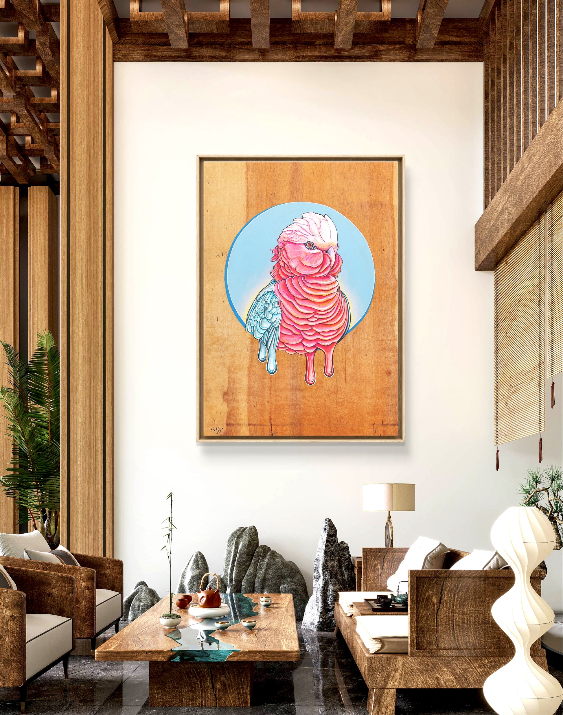 Canvas print of a vibrant acrylic illustration on plywood of a native Australian Galah bird by Skotty Fairclough hung in a home decor setting