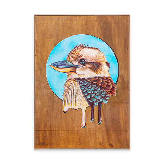 Colorful acrylic illustration on plywood of a native Australian Kookaburra bird by Skotty Fairclough.