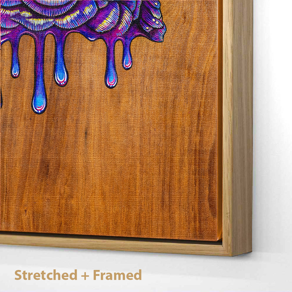 Stretched and Framed Canvas print of a vibrant acrylic illustration on plywood of a Native Australian Black Cockatoo bird, painted by artist Skotty Fairclough